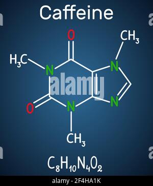Koffeinmolekül. Strukturelle chemische Formel und Molekülmodell auf dem dunkelblauen Hintergrund Stock Vektor