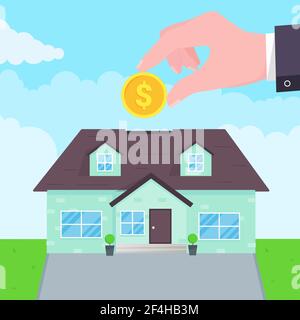 Hand legt Münze in das Haus flachen Stil Design Vektor-Illustration. Sparschwein Kauf Haus Konzept. Hausbank sicher, Investition oder Darlehen, Immobilien s Stock Vektor