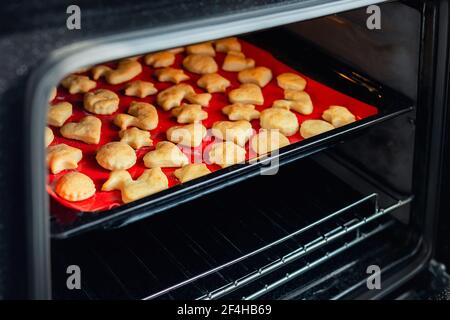 Süß lecker leckeren Quark Ingwer Cookies Backen im heißen Ofen Herd auf Tablett und rot hellen Silikon Backmatte in der heimischen Küche. Hausgemachte heiße Kekse Stockfoto