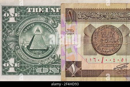 Ein alter Riyal von Saudi-Arabien und 1 US-Dollar Banknoten für Designzwecke Stockfoto