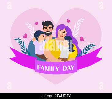 Familientag. Glücklicher internationaler Tag der Familien. Nettes Paar mit Kindern, Vater und Mutter umarmen Kinder mit Liebe. Vektorgrafik Stock Vektor
