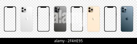 Apple iPhone 12 Pro Max in vier Farben. IPhone-Mockup-Set mit leerem Bildschirm. Vektordarstellung isoliert auf transparentem Hintergrund Stock Vektor