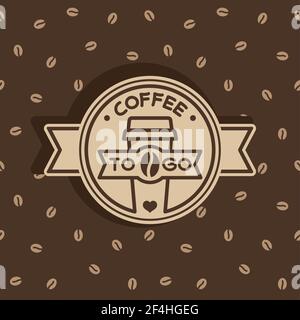 Kaffee zu gehen Etikett mit Bohnen nahtlose Muster. Pappbecher- oder Logo-Design. Stock Vektor