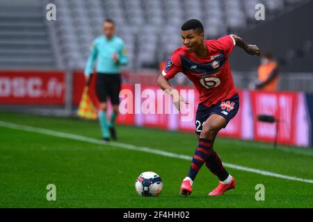 Villeneuve d'Ascq, Frankreich. März 2021, 21st. Lille Midfield BOUBAKARY SOUMARE in Aktion während der französischen Meisterschaft Fußball Ligue 1 Uber isst Lille gegen Nimes Olympique im Pierre Mauroy Stadion - Villeneuve d'Ascq.Nimes gewann 2:1 .mit dieser Niederlage Lille verliert den ersten Platz in der Meisterschaft zugunsten von Paris Saint Germain Credit: Pierre Stevenin/ZUMA Wire/Alamy Live News Stockfoto