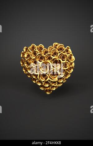 3D Rendering: Ein Herz aus goldenen Rosen vor schwarzem Hintergrund. Liebe und Zärtlichkeit Konzept - Valentinstag, Hochzeit oder Muttertag Stockfoto