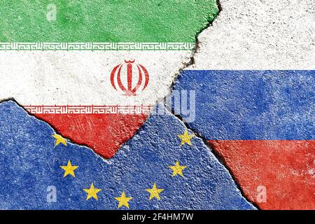 Eine Illustration des politischen Konflikts zwischen Iran-EU-Russland Stockfoto