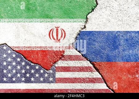 Eine Illustration des politischen Konflikts zwischen Iran-USA-Russland Stockfoto