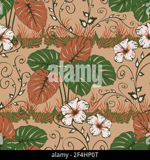 Nahtloses Vektor-Muster mit tropischen Pflanzen auf beige rosa Hintergrund. Romantische Regenwald Tapete Design mit weißen Blumen. Stock Vektor