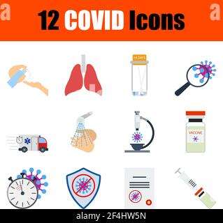 COVID-Symbol festgelegt. Flaches Design. Vollständig editierbare Vektordarstellung. Text erweitert. Stock Vektor
