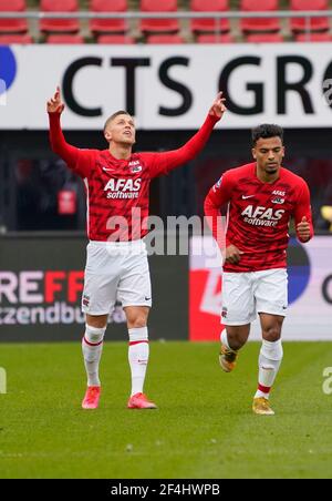 Jesper Karlsson (AZ) nach 1-0 während Erediviise AZ vs PSV am 21. März 2021at AFAS Stadion in Alkmaar, Niederlande Credit: SCS/Soenar Chamid/AFLO/Alamy Live News Stockfoto