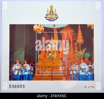 1996 Thailand Souvenir Stempel Mini-Blatt King Bhumibol Golden Jubilee. König Bhumibol Adulyadej war der neunte Monarch von Thailand aus der Chakri-Dynastie, genannt Rama IX. Stockfoto