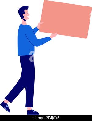 Der Mann hält in ihren Händen ein Zeichen, auf dem die Inschrift platziert werden kann. Element zum Erstellen von Design. Vektorgrafik in flacher Form isoliert auf weißem Hintergrund Stock Vektor