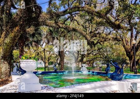 Washington Square verfügt über einen Brunnen und zahlreiche lebende Eichen, 13. März 2021, in Mobile, Alabama. Stockfoto