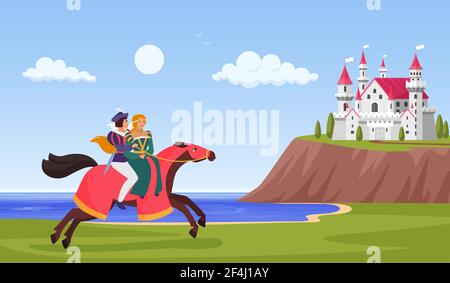 Prinz und Prinzessin reiten Pferd, Reiter reiten zum Schloss auf Berg Fantasy-Landschaft Stock Vektor