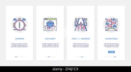 Video Abenteuer digitales Spiel Objekt UI, UX Onboarding mobile App Seite Screen Set Stock Vektor