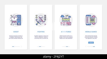 Videospiel, Linie verschiedene Gaming-Genres UI, UX Onboarding mobile App Seite Screen Set Stock Vektor