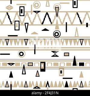 Beige Schwarz Horizontal Winter Vektor Nahtlose Grenze wiederholen Muster mit zufälligen rauhen, verdrehten Teil von Dreiecken oder gebrochenen Linien, Kreis Formen. Hand Stock Vektor