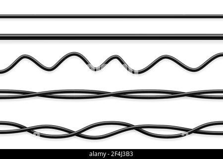 Flexible Kabelsammlung. Schwarzes Elektrokabel. Realistisches Netz- oder Netzwerkkabel. Vektorgrafik. Stock Vektor