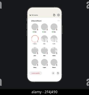 Mobile Schnittstelle für Meeting-Anwendung im realistischen Smartphone-Modell. Sprachkonferenz. Soziales Netzwerk. Vektorgrafik Stock Vektor