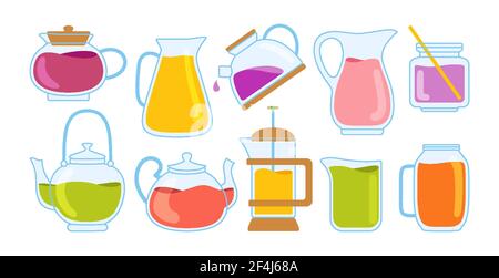 Teekanne und Wasserkocher kalten Tee oder Cocktails Cartoon-Set. Teezeit Teekanne Geschirr Glas mit Getränken. Sommer handgezeichnete Glaswaren Glas Küchengeräte. Flache Umriss Küchengeschirr, Design trendige Vektor-Illustration Stock Vektor