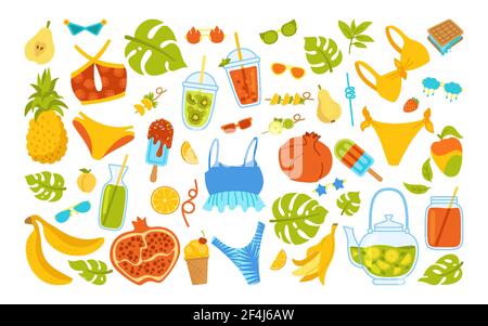Sommer stilvolle Cartoon-Set. Hawaiianische Strand Party Scrapbooking Elemente. Helle Sommer Symbole Essen, Bikini, Getränke, Monstera Blätter Früchte. Flach handgezeichnete Doodle isoliert trendige Vektor-Illustration Stock Vektor