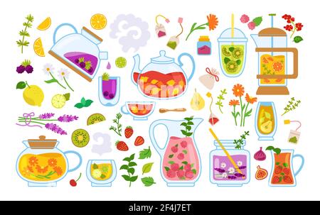 Tasse Tee und Cocktails Cartoon-Set. Tea Time Glas Tasse Teekanne Kräuter, Früchte, Zutaten für Getränke. Strandparty-Konzept, Sommer handgezeichnet für Poster, Menü. Flaches Design trendige Vektor-Illustration Stock Vektor