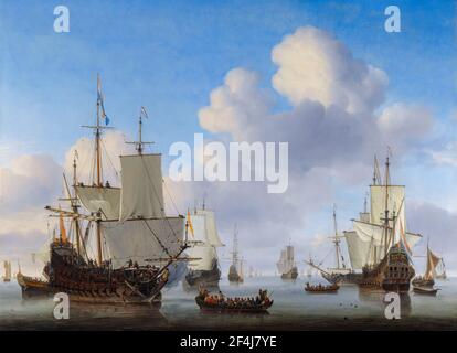 Sechs Kriegsschiffe liegen auf einem weiten, ruhigen Meer. Die Segel sind hochgezogen, die Anker sind hochgezogen. Der Spiegel des Schiffes rechts im Vordergrund ist verziert Stockfoto
