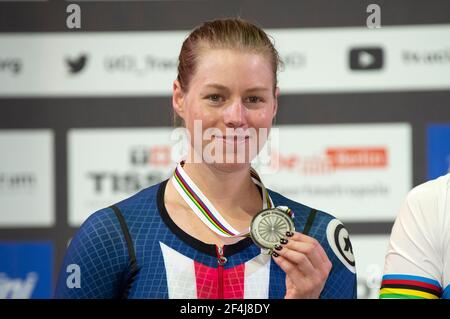 Jennifer Valente vom Team USA , Zweiter im Scratch Race, UCI Track World Championships, Berlin, Deutschland (Foto: Casey B. Gibson) Stockfoto