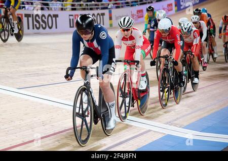 Jennifer Valente vom Team USA beim Scratch-Rennen, wo sie Zweiter wurde. UCI-Bahn-Weltmeisterschaften, Berlin, Deutschland Stockfoto