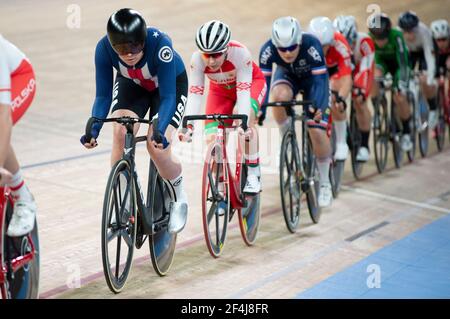 Jennifer Valente vom Team USA beim Scratch-Rennen, wo sie Zweiter wurde. UCI-Bahn-Weltmeisterschaften, Berlin, Deutschland Stockfoto