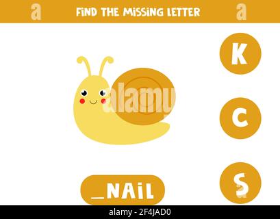 Suchen Sie nach einem fehlenden Buchstaben. Niedliche Schnecke. Pädagogische Rechtschreibung Spiel für Kinder. Stock Vektor