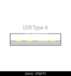 USB-Anschluss in schlichtem Design mit Goldkontakten. Ansicht im Ebenenabschnitt. Flache Vektorgrafik Stock Vektor