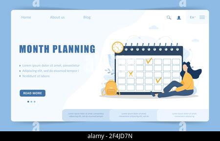 Monatsplanung oder To-Do-Listenkonzept. Vorlage für die Landing Page der Website. Frau, die in der Nähe des riesigen Kalenders sitzt. Aufgabenplanung, Arbeitsprozessorganisation Stock Vektor