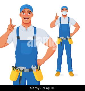 Handyman in der gesamten und Werkzeug Gürtel zeigen Finger nach oben, um Rat zu geben. Vektorgrafik Zeichentrickfigur. Stock Vektor