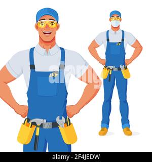 Handyman in Lätzchen Overalls und Schutzbrille mit Armen akimbo. Vektorgrafik Zeichentrickfigur. Stock Vektor
