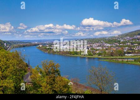 Blick über Koblenz und die Flüsse Rhein und Mosel von der Festung Ehrenbreitstein. Stockfoto