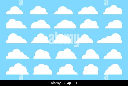 Weiße niedliche flache Wolken auf blauem Landschaft Hintergrund isoliert gesetzt. Abstrakt verschiedene Wolke Formen Symbol Sammlung. Netzwerk Internet-Speicher Cartoon Web-Banner. Denken Sie an Sprechblasenkonzept Stock Vektor