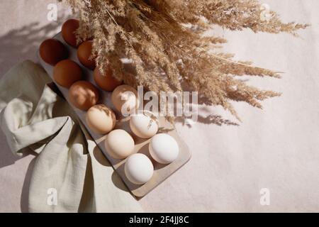 Zero Waste osterkonzept. Umweltfreundlicher Lebensstil, harte Sonnenschatten. Stockfoto