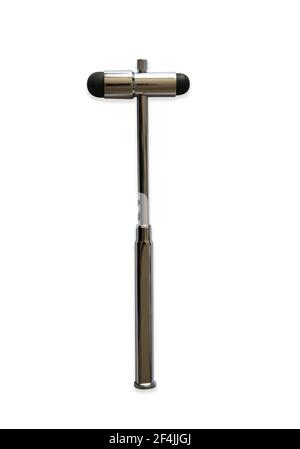 Isolierter Reflexhammer auf weißem Hintergrund. Dieses medizinische Instrument wird zur Überprüfung der Reflexionsfähigkeit und zur Überprüfung der Nerven verwendet. Stockfoto