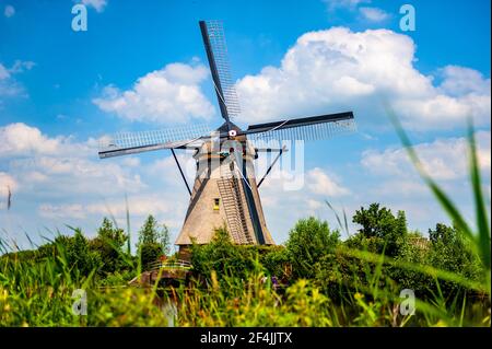 Schöne ländliche Aussicht im Süden der Niederlande mit Eine alte traditionelle holländische Windmühle in Kinderdijk Stockfoto
