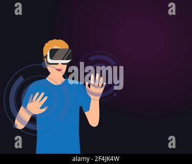 Junger Mann trägt Virtual-Reality-Brille. Lächelnder Mann mit VR-Brille Headset, um Objekt zu bewegen. Vektorgrafik Design. Stock Vektor