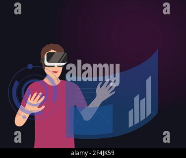 Junger Mann trägt Virtual-Reality-Brille. Lächelnder Mann mit VR-Brille Headset, um Objekt zu bewegen. Vektorgrafik Design. Stock Vektor