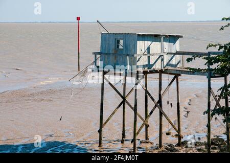 Eine traditionelle hölzerne Fischerhütte auf Stelzen (Carrelet) in der Nähe der Küstenstadt Talmont-sur-Gironde, südlich von Royan, Charente-Maritime (17), Nouvelle-Aquitain Stockfoto