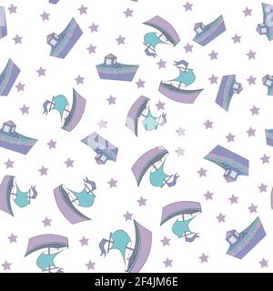 Blaues Boot und Boot mit Segel auf weißem Hintergrund. Für Stoff, Babykleidung, Hintergrund, Textil, Geschenkpapier und andere Dekoration. Vektornähte Stock Vektor