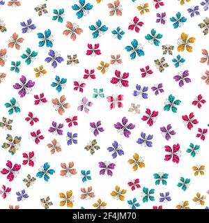 Bunte Schmetterlinge fliegen auf weißem Hintergrund. Für Stoff, Babykleidung, Hintergrund, Textil, Geschenkpapier und andere Dekoration. Vektornähte Stock Vektor