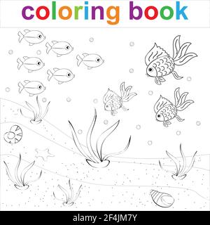 Malvorlagen mit Fischen, Algen und Muscheln. Für Kinder Färbung Meerleben. Vektor EPS 10 Stock Vektor