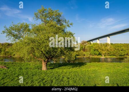 Blick auf das Ruhrtal und die Autobahnbrücke in Mintard, Mülheim an der Ruhr, Nordrhein-Westfalen, Deutschland Stockfoto