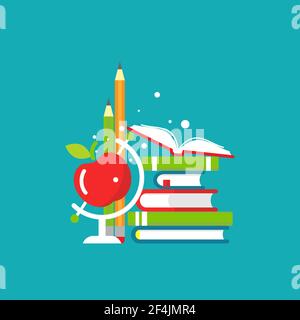 Stapel von Büchern, Stift, Bleistift und Apfelkugel auf blauem Hintergrund. Vektor flache Illustration. Lese-und Lernkraft Logo. Fantasie und Inspiration Stock Vektor