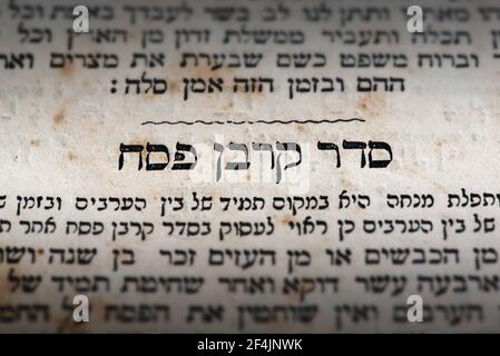 Ausschnitt des hebräischen Bibeltextes. Konzentrieren Sie sich auf Seder Korban Pesach, das übersetzt in englisch als Passahopfer. Nahaufnahme Stockfoto