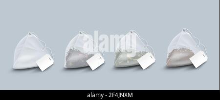 Teebeutel in Pyramidenform mit Blättern und Kräutern Stock Vektor